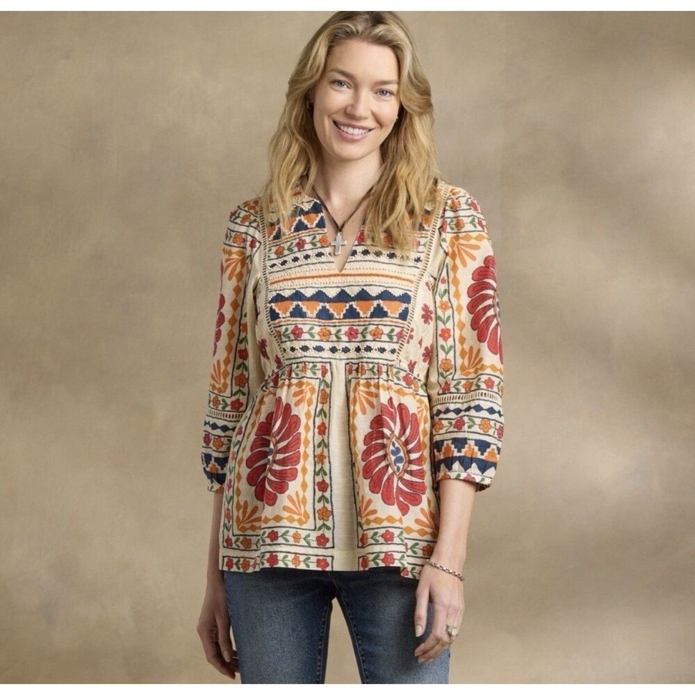 Sundance XS Top Zariah Cotton Beaded Blouse Floral Geometric Lined Tunic NWOT